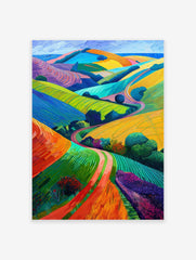 A colorful poster depicting a vibrant natural landscape with hills, trees, and a clear blue sky.