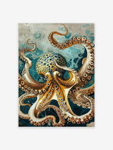 A poster featuring a vibrant and detailed illustration of an octopus with a blue and white color scheme.