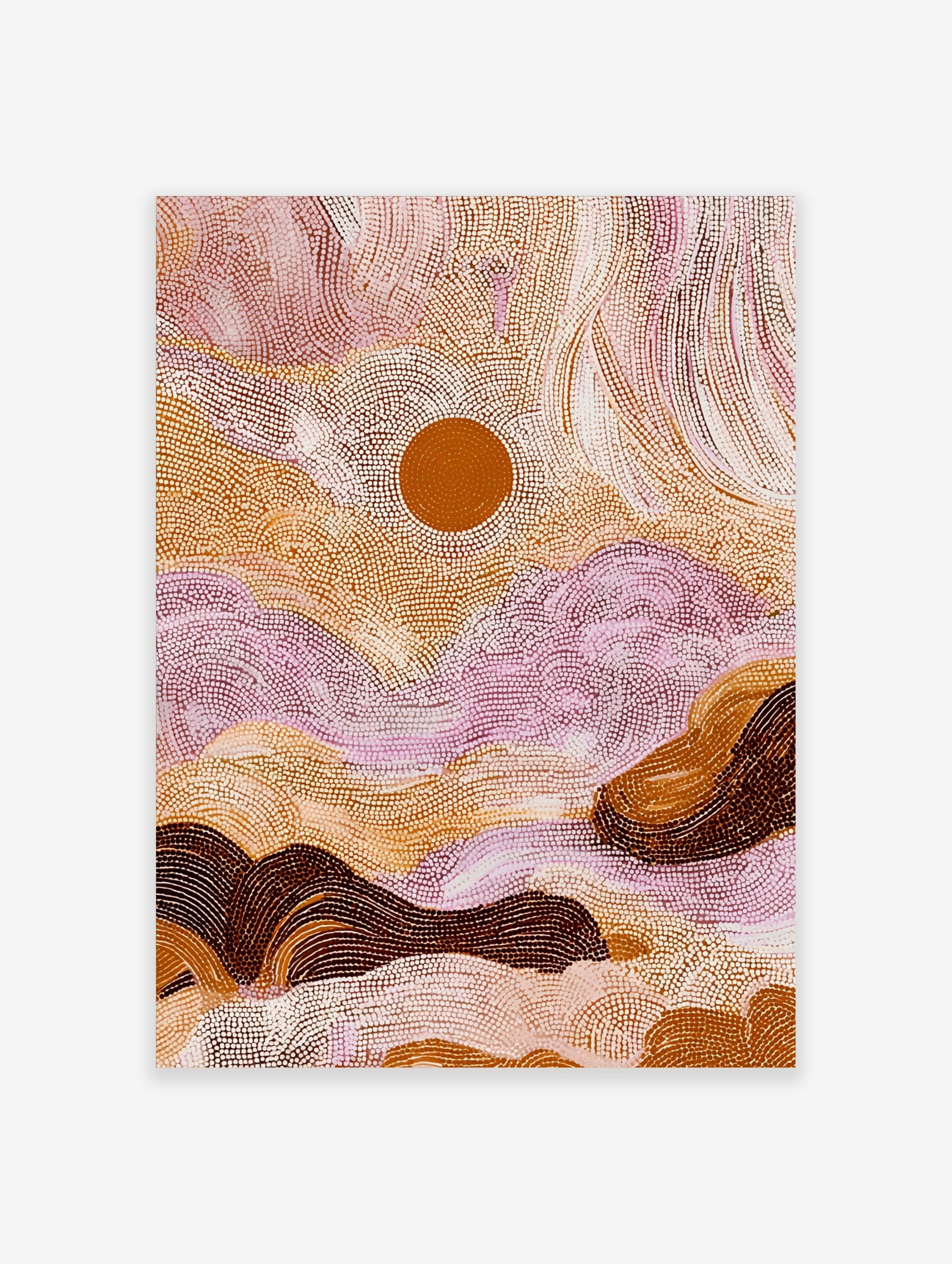 Aboriginal dot painting wall art with abstract desert landscape, central orange sun, earthy tones, pinks, and white
