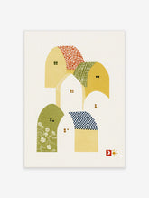 Abstract arch wall art print with geometric house shapes, patterned roofs, and small windows in ochre, green, white, and