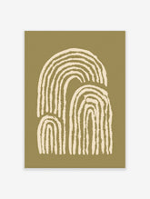 Abstract arch art print with cream curved lines on a muted olive background