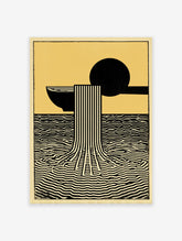 Abstract art poster with black bowl and ladle pouring striped waterfall into wavy black water on a yellow background.