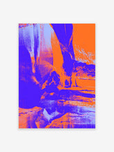 Abstract art print with distressed textures in bold orange, deep purple, and light blue hues