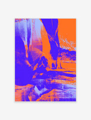 Abstract art print with distressed textures in bold orange, deep purple, and light blue hues