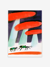 Abstract beetle poster illustration with green insects on a purple and orange background