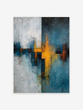 Abstract art print with textured light blue, dark blue, and vibrant yellow-orange shapes and strong central lines