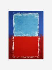 Abstract art print with a light blue rectangle over a red rectangle, bordered by darker blue and red with white texture