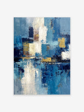 Abstract blue, white, and gold textured painting with layered blocks of colour and a reflective composition