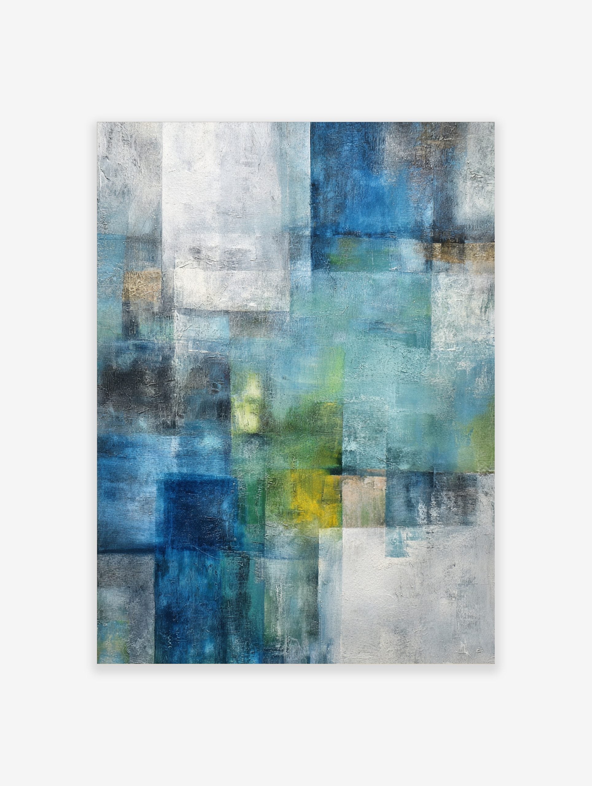 Abstract art print with layered blue, green, and white rectangular blocks and textured brushstrokes