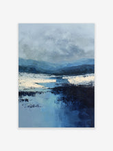 Textured abstract landscape art print with blue mountains, white snow, and a reflective river