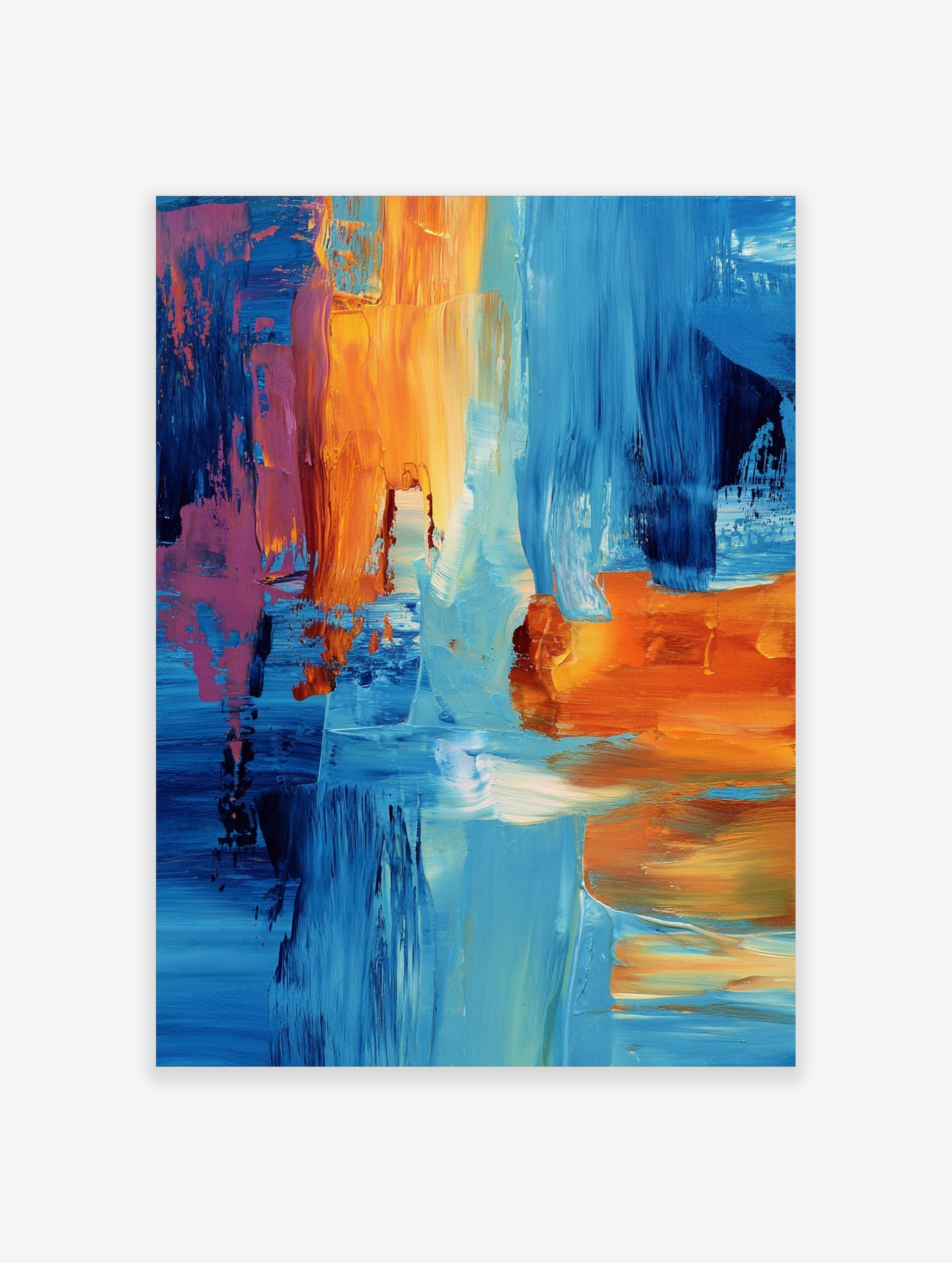Abstract art print with bold blue, orange, and pink brushstrokes creating layered textures