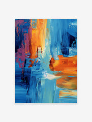 Abstract art print with bold blue, orange, and pink brushstrokes creating layered textures