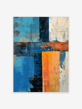Abstract art print with textured blocks of blue, orange, white, and dark tones in a grid-like composition