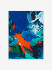 Close-up of abstract painting with textured blue, orange, green, and white paint strokes