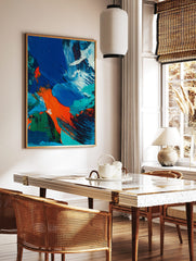 Close-up of abstract painting with textured blue, orange, green, and white paint strokes, in a styled room mockup