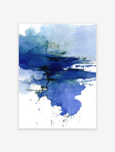 Abstract blue watercolor wall art print with dark and light blue washes, evoking fluid motion and a serene, modern aesthetic.