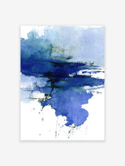 Abstract blue watercolor wall art print with dark and light blue washes, evoking fluid motion and a serene, modern aesthetic.