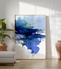 Abstract blue watercolor wall art print with dark and light blue washes, evoking fluid motion and a serene, modern aesthetic. - Image 3