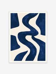 Abstract navy blue wavy shapes on a cream background, minimalist wall art print