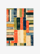 Abstract book stack art print with colourful vertical and horizontal blocks in red, blue, green, and ochre