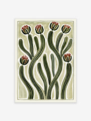 Abstract botanical illustration with green curving striped stems and red flower buds on a cream background