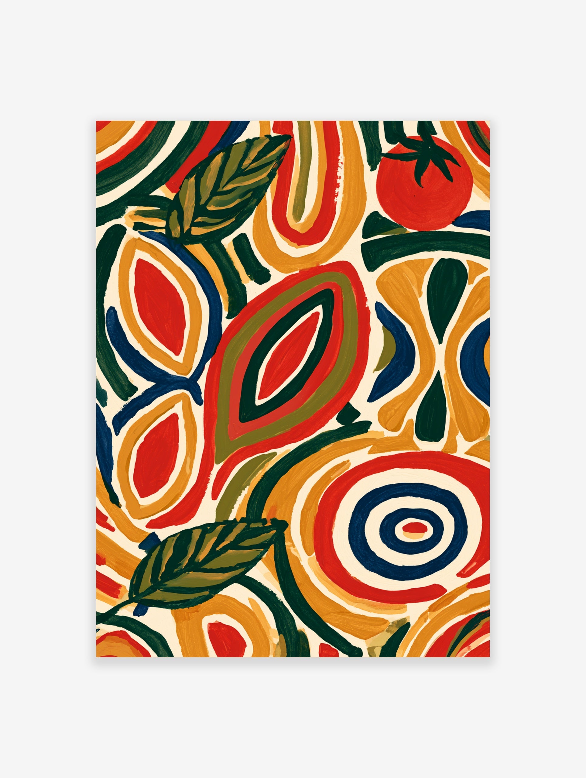 Abstract botanical wall art with stylized leaves and a red tomato in yellow, green, and navy on a cream background