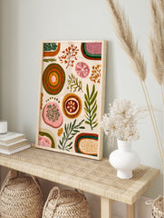Abstract botanical wall art print with green, orange, and pink organic shapes and stylized leaves on a light background. - Image 3
