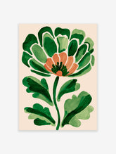 Abstract botanical wall art featuring a green and orange stylized flower on a light beige background, painterly style.
