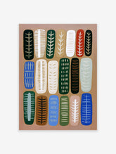 Abstract botanical wall art featuring vertical, rounded shapes with stylized leaf and stripe patterns in multi-color on a brown background.