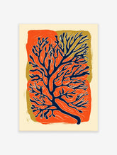Abstract Botanical Wall Art print with orange and blue organic shapes on a gold and cream background.