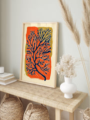 Abstract Botanical Wall Art print with orange and blue organic shapes on a gold and cream background. - Image 3
