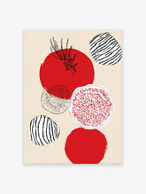Modern wall art with abstract red circles, black line art of tomato and fig, and striped shapes on a light beige background.