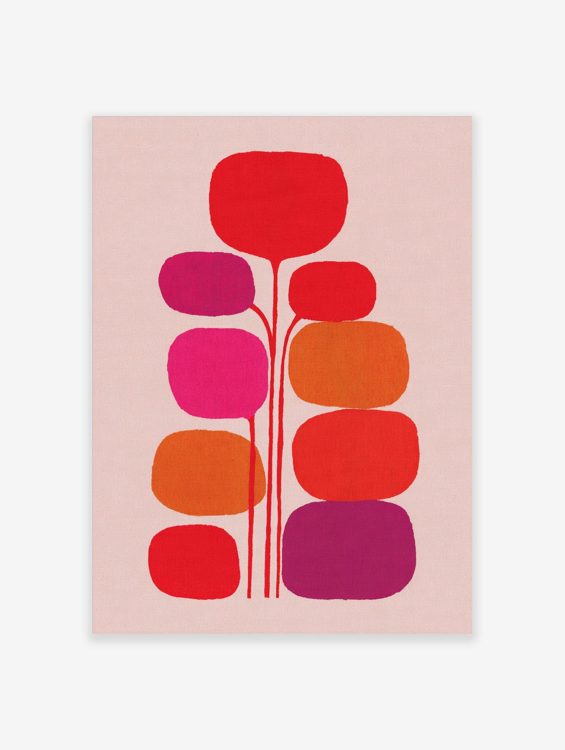Abstract botanical wall art with red, orange, fuchsia, and purple rounded organic shapes on light pink background