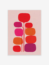 Abstract botanical wall art with red, orange, fuchsia, and purple rounded organic shapes on light pink background