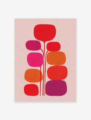 Abstract botanical wall art with red, orange, fuchsia, and purple rounded organic shapes on light pink background