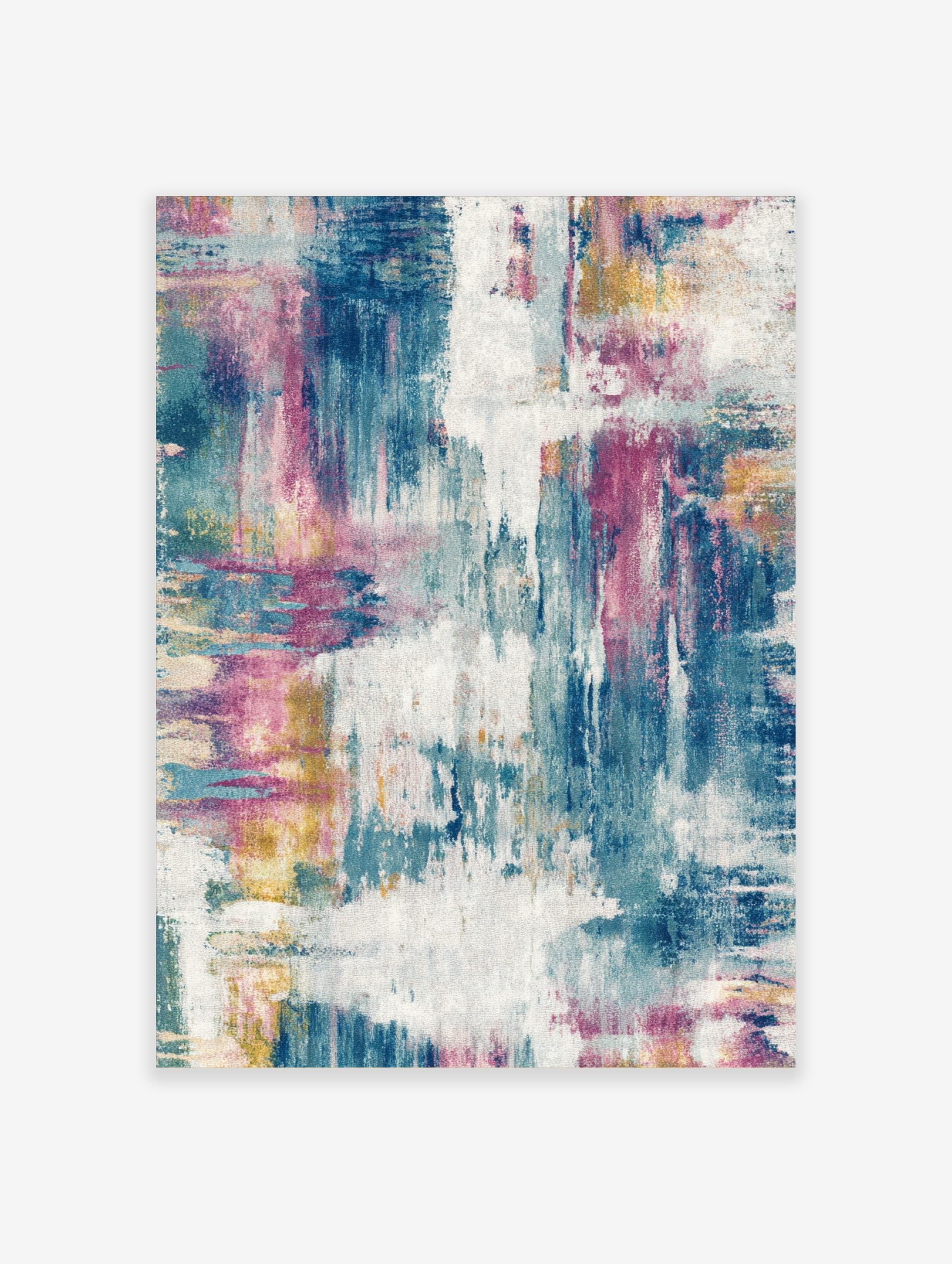 Abstract art print with blue, fuchsia, yellow, and white distressed brushstrokes and textured appearance