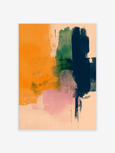 Abstract wall art with vertical brushstrokes in orange, green, navy blue, and pink on a light background