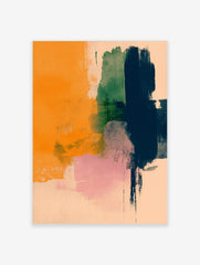 Abstract art print with vertical brushstrokes in orange, green, navy, and pink on a pale background