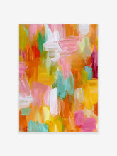 Vibrant abstract painting with bold, multi-color brushstrokes in pink, orange, yellow, green, and light blue.