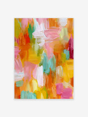 Vibrant abstract painting with bold, multi-color brushstrokes in pink, orange, yellow, green, and light blue.