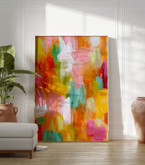 Vibrant abstract painting with bold, multi-color brushstrokes in pink, orange, yellow, green, and light blue. - Image 3