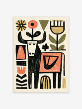 Abstract bull art print with black bull, orange flower, and geometric shapes on cream background