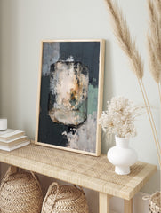 Abstract art print with a central hexagonal cage-like form filled with swirling grey, white, in an alternate framed mockup