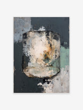 Abstract painting featuring an octagonal cage with dark bars, enclosing textured cream and green forms on a grey background