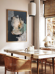 Abstract painting featuring an octagonal cage with dark bars, enclosing textured cream and green, in a styled room mockup