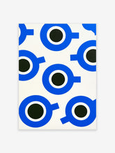 Abstract geometric art print with repeating blue circles and black centres on a white background, modern wall decor
