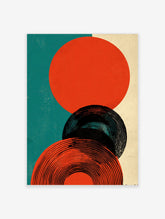 Abstract circles graphic print featuring orange-red and black concentric shapes on teal and beige background