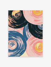 Abstract wall art featuring overlapping circular shapes with painterly brushstrokes in navy, pink, and yellow on cream