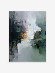 Textured abstract art print with dark green, grey, white, and orange, suggesting a reflective cityscape