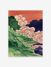 Abstract Cloud Wall Art with stylized green foliage, pink, blue, and dark clouds against an orange sky background.
